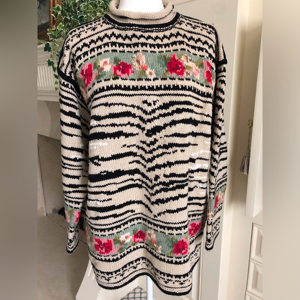 Vintage JOS Roses-and Animal Print Oversized Roll-neck Hand Knit Sweater